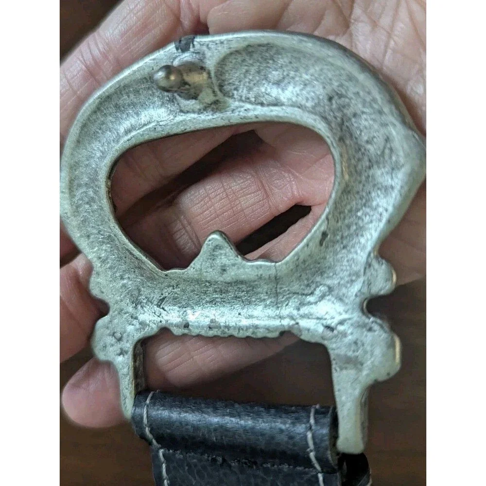 Vintage Italian Leather Belt Womens M Black Pebbled Ornate Pewter Buckle 34-38